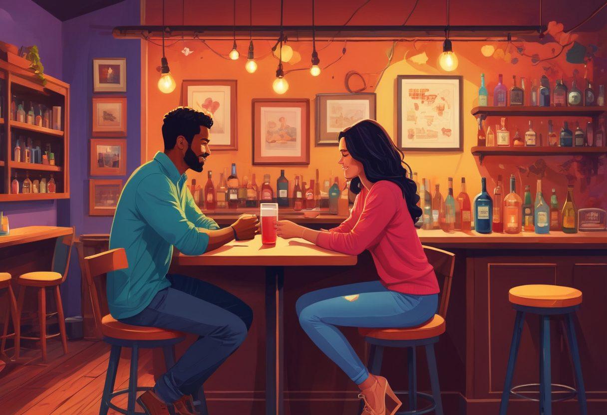 A colorful illustration of diverse couples engaging in various stages of relationships; from casual hook-ups in a lively bar, to romantic dinners, and finally a heartfelt moment of commitment in a cozy home setting. Include elements that symbolize love and connection, like hearts and intertwined hands. The background should blend urban nightlife with a warm, inviting home atmosphere. vibrant colors. modern flat design.