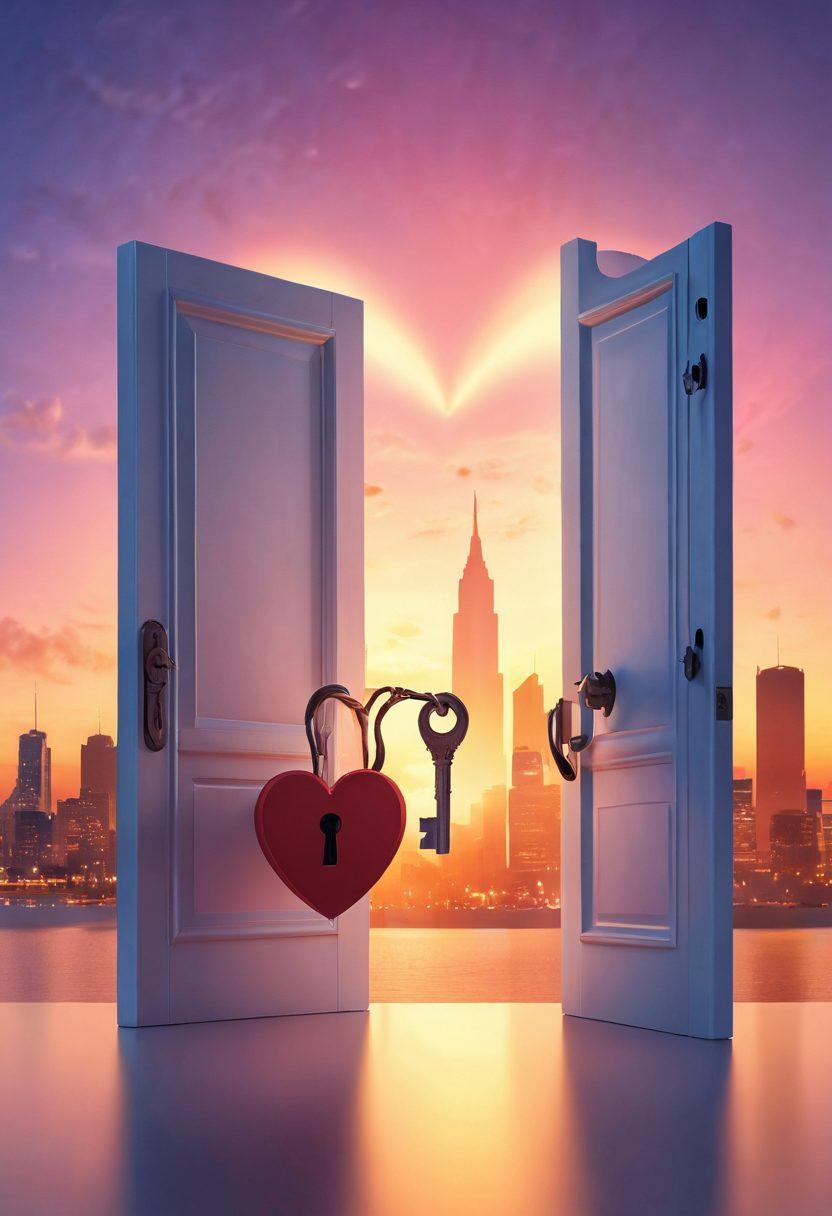 A heart-shaped key unlocking a glowing door, surrounded by ethereal silhouettes of diverse couples engaging in meaningful connections. The background features a city skyline at dusk, symbolizing the modern dating world. Soft, dreamy colors create a romantic ambiance, with hints of warm light emanating from the door. mystical. vibrant colors. 3D.