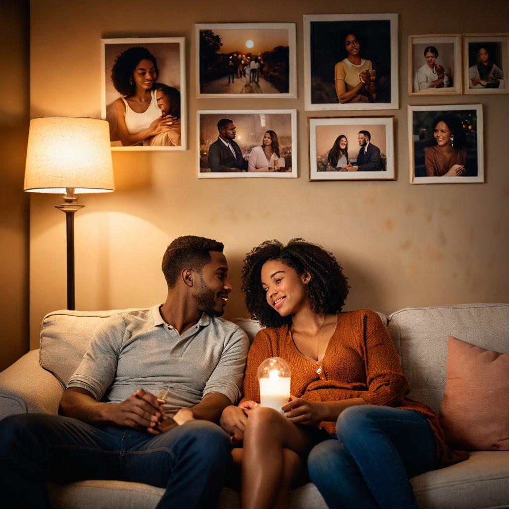 A warm, inviting scene of a diverse couple sitting closely on a cozy couch, sharing a heartfelt conversation with a glowing lamp beside them. In the background, a wall adorned with photographs representing different intimate moments. Soft, muted colors highlight the atmosphere of comfort and connection. super-realistic. vibrant colors. warm tones.